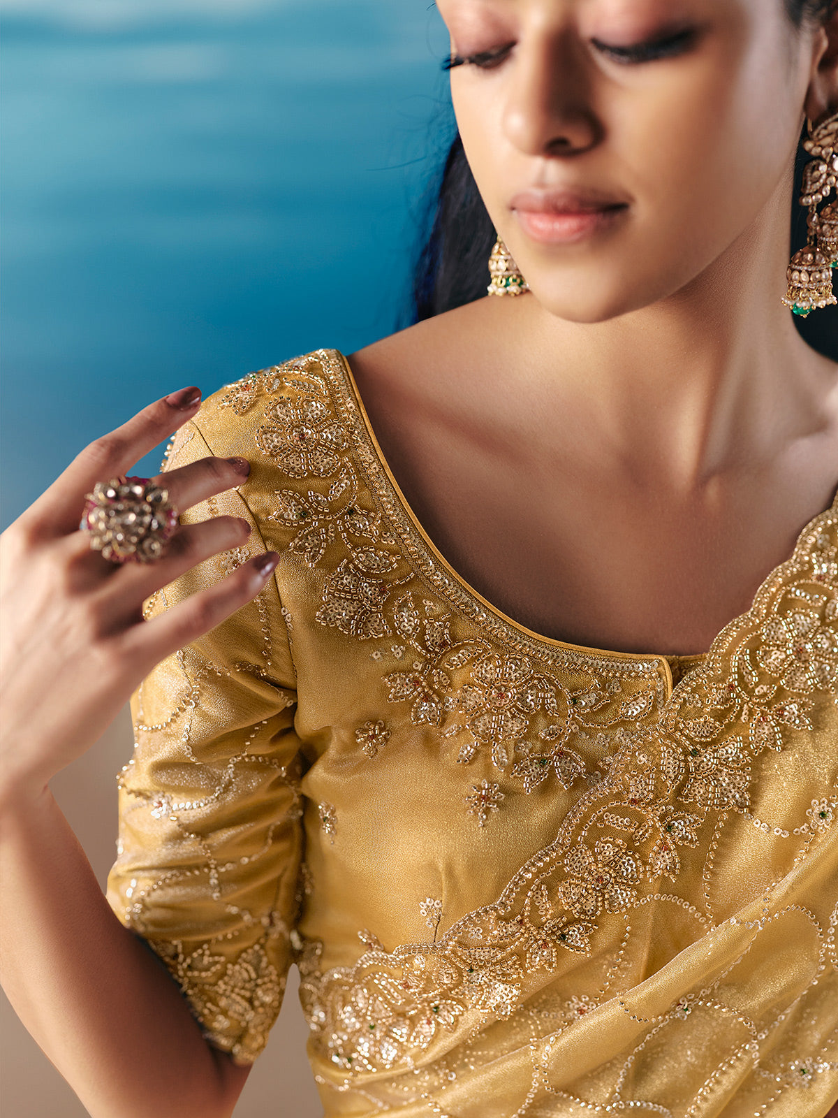 Light yellow satin organza festive saree