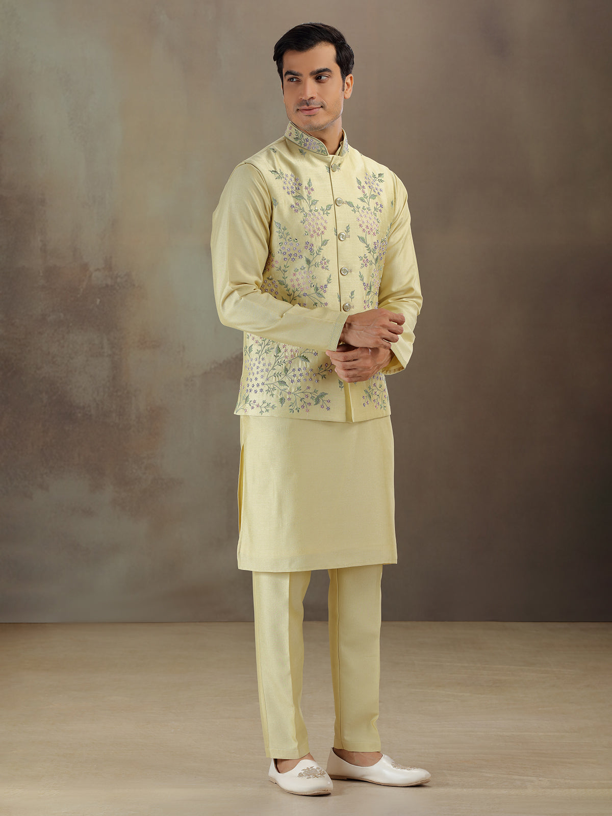 Light yellow silk waistcoat set for men