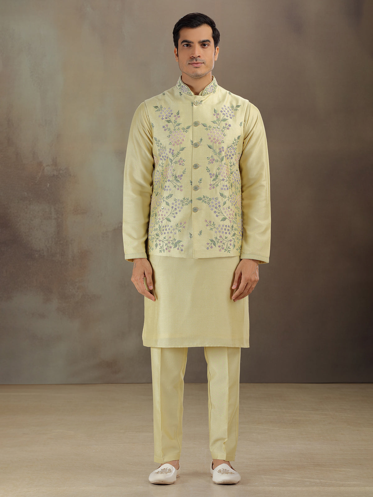 Light yellow silk waistcoat set for men