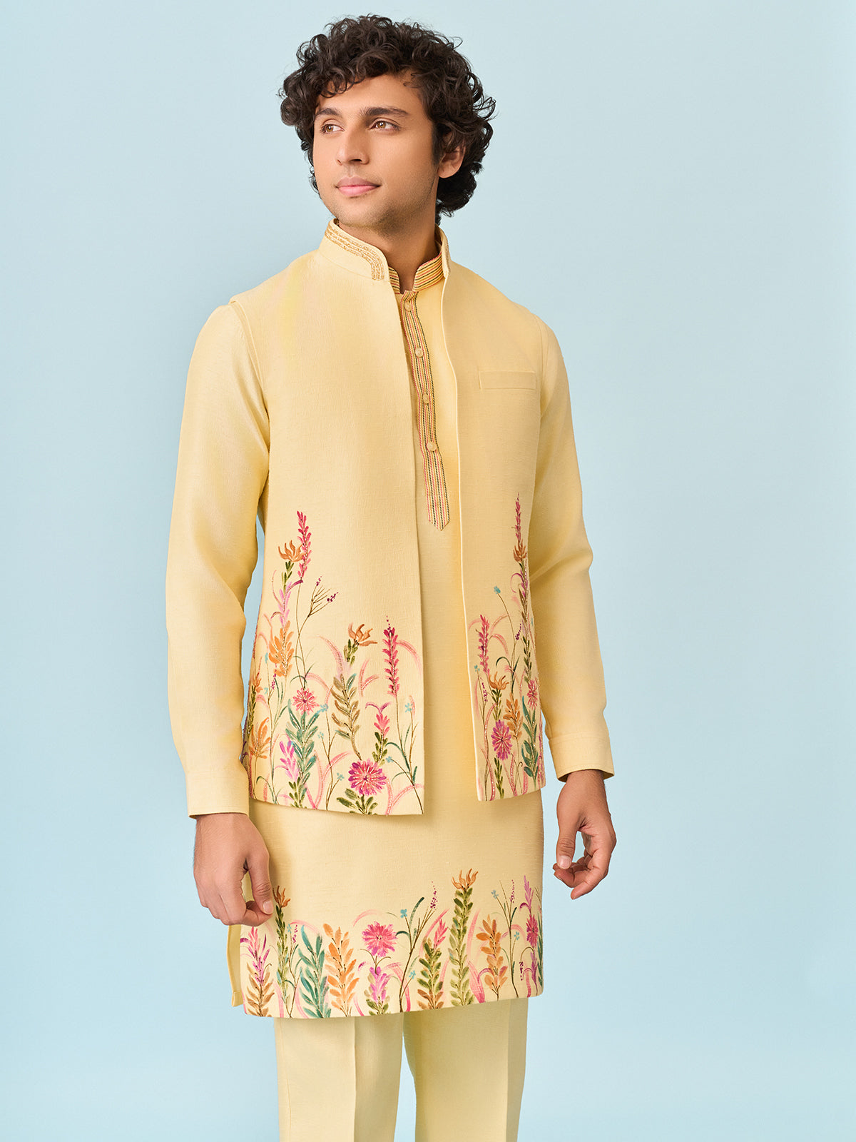 Light yellow zari printed mens waistcoat set