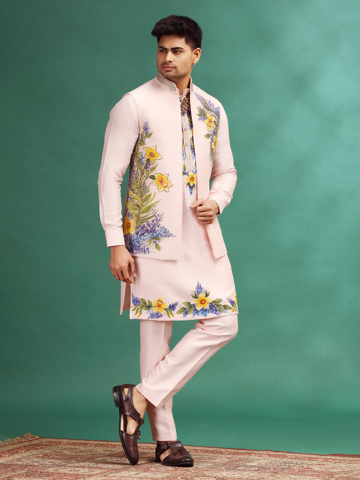 Ligtht Pink printed silk waistcoat set for wedding