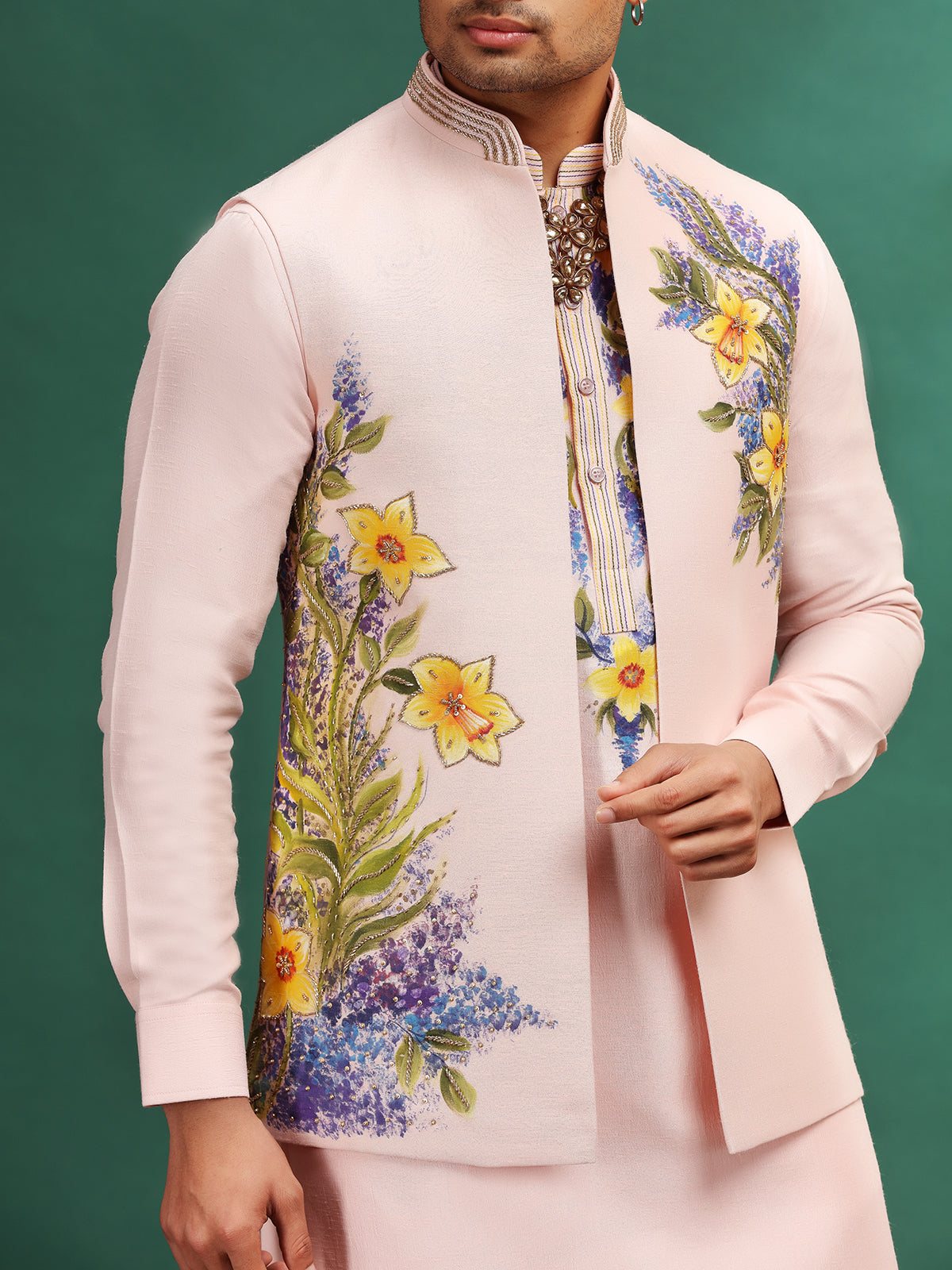 Ligtht Pink printed silk waistcoat set for wedding