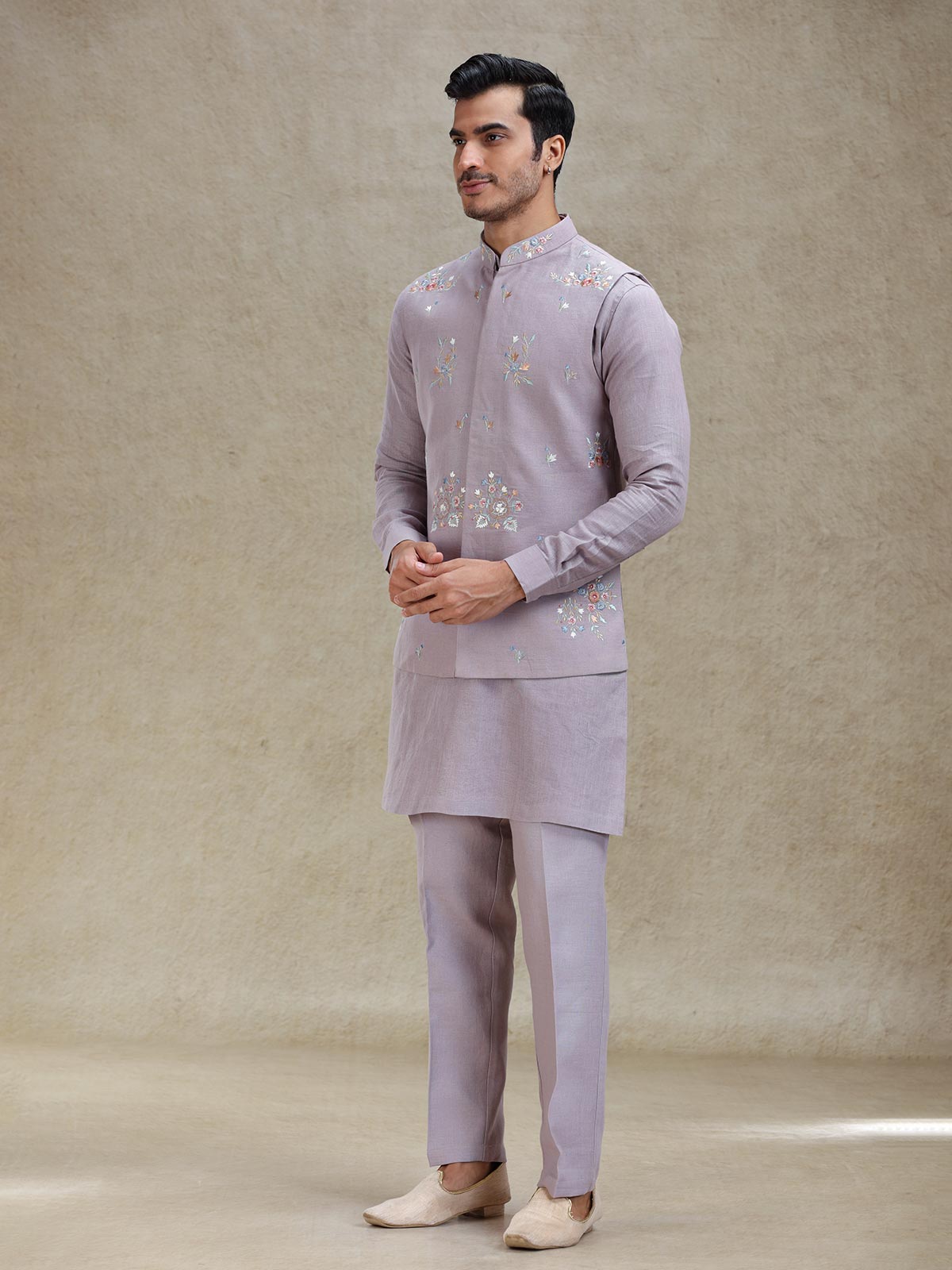 Lilac purple kurta jacket set adorn in embroidery