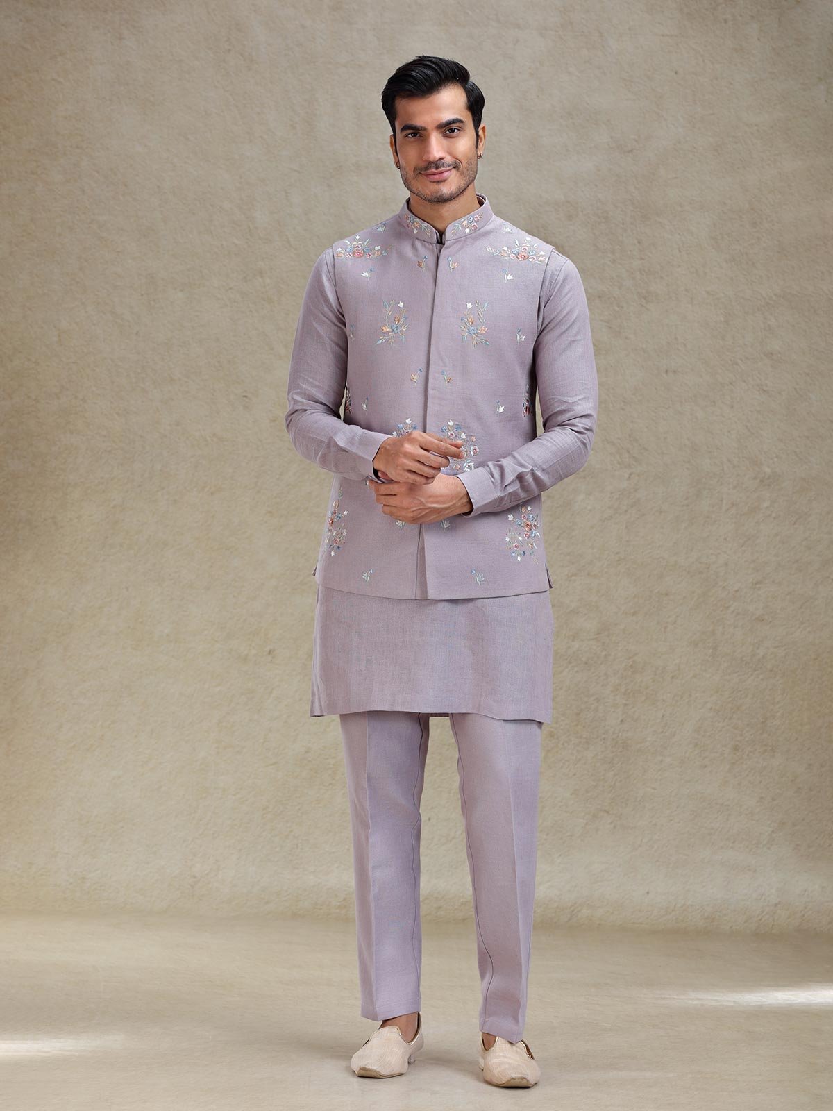 Lilac purple kurta jacket set adorn in embroidery