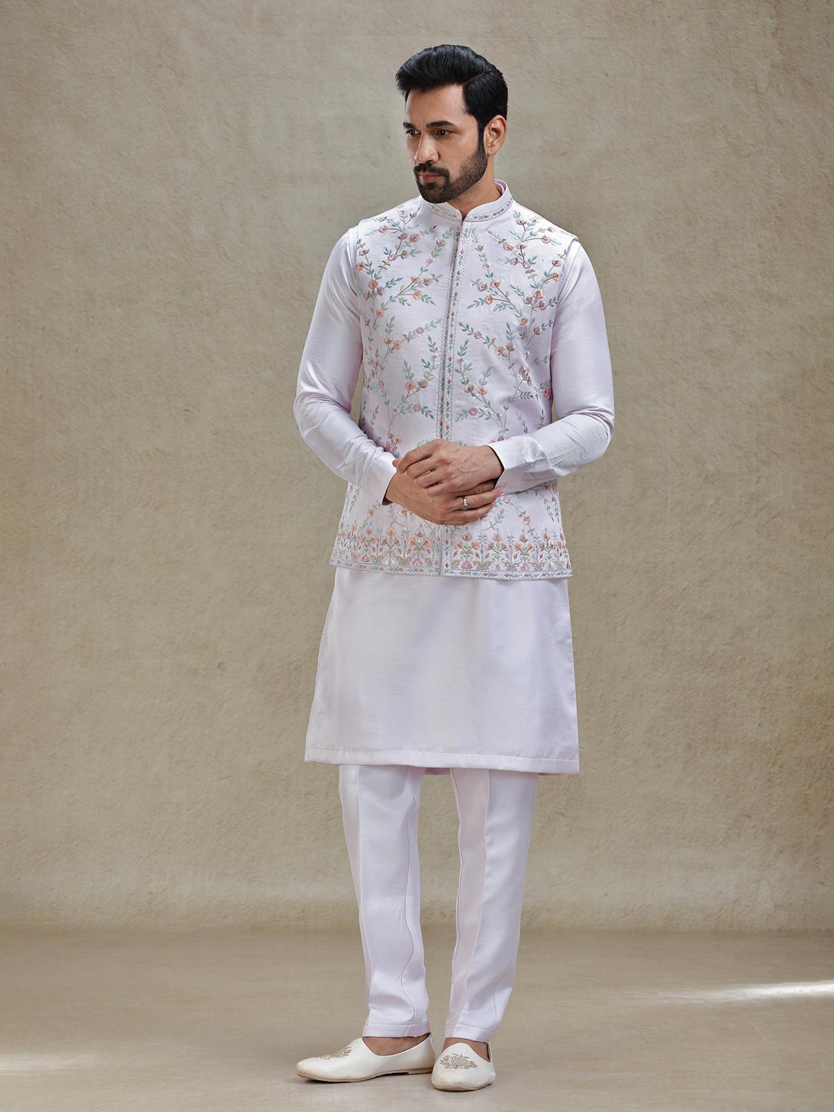 Lilac purple kurta jacket set in colorful resham and embroidery