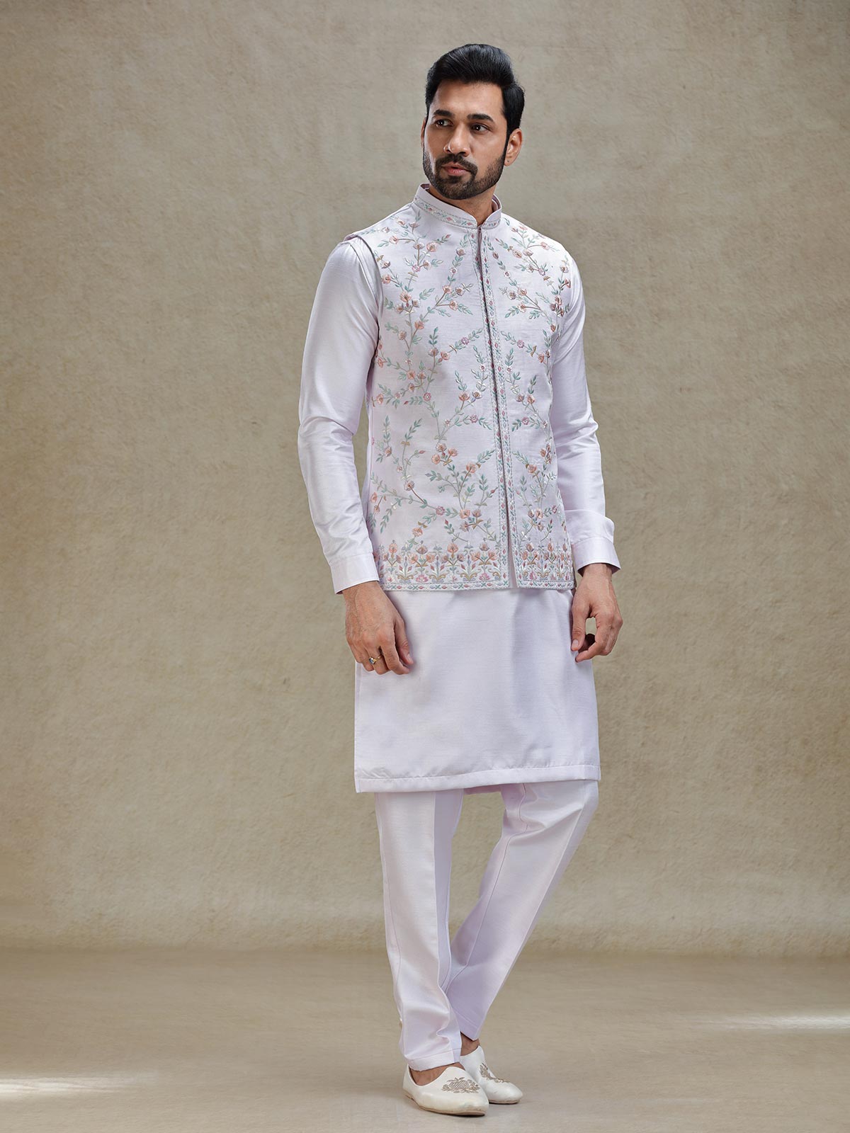 Lilac purple kurta jacket set in colorful resham and embroidery