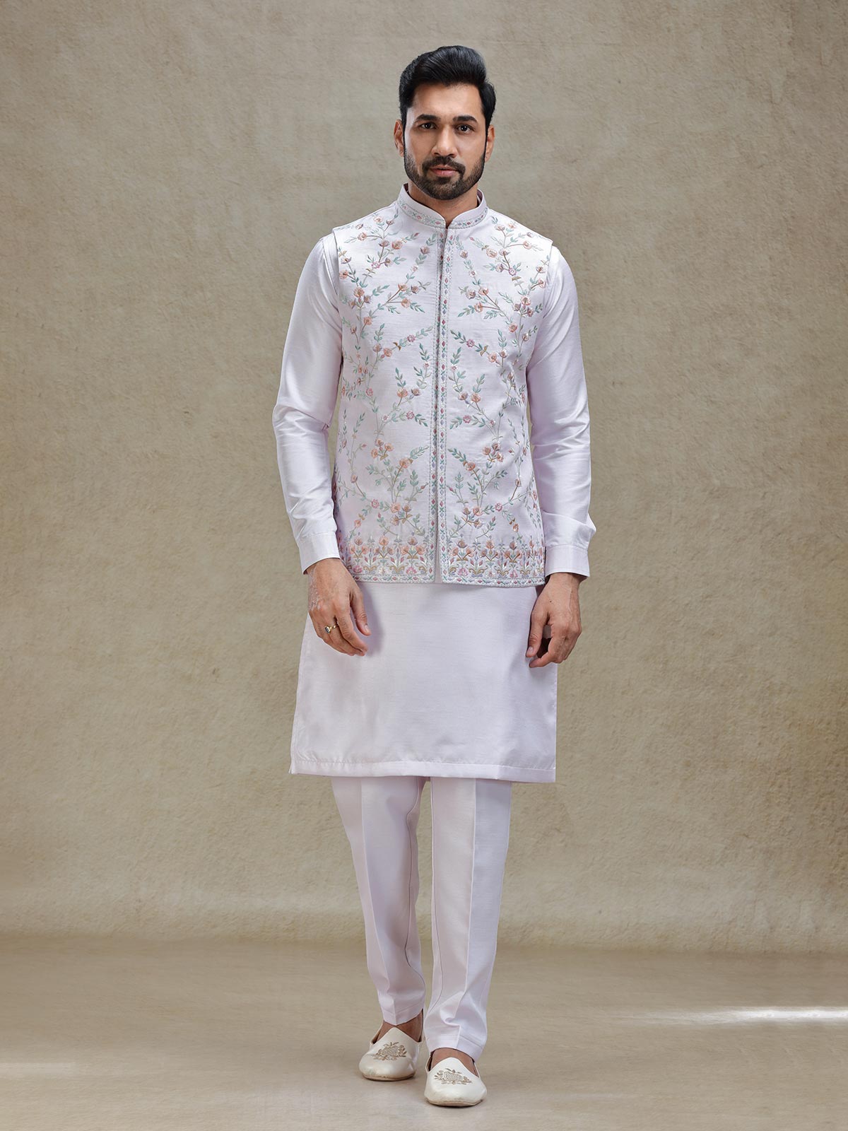 Lilac purple kurta jacket set in colorful resham and embroidery