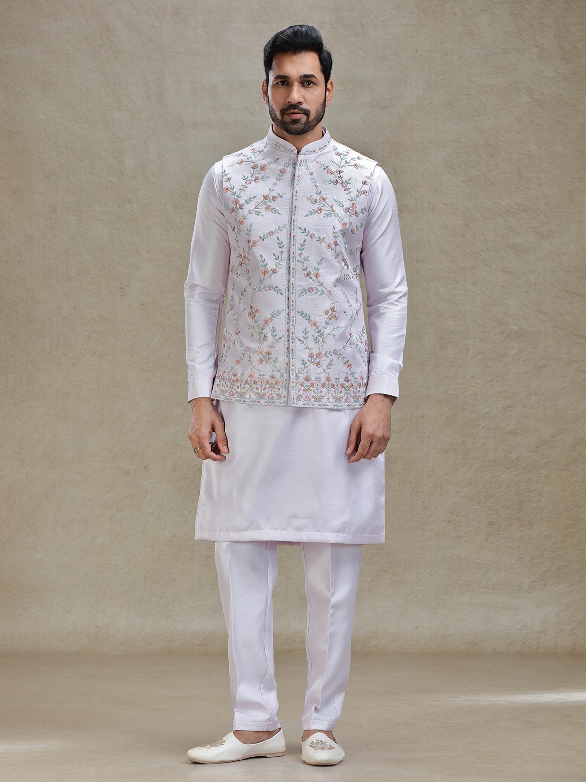 Lilac purple kurta jacket set in colorful resham and embroidery