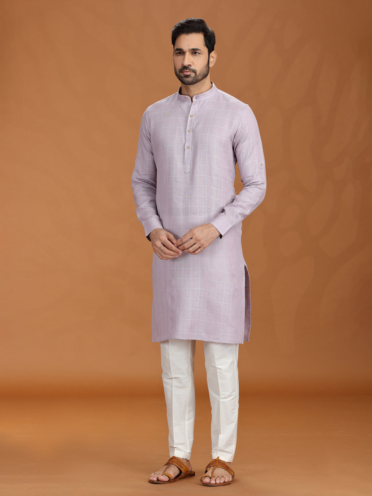 Lilac purple linen festive checked kurta set for mens