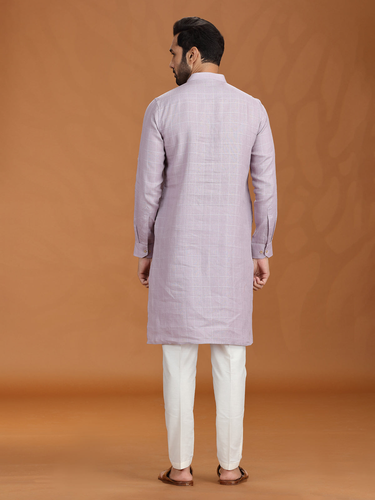 Lilac purple linen festive checked kurta set for mens