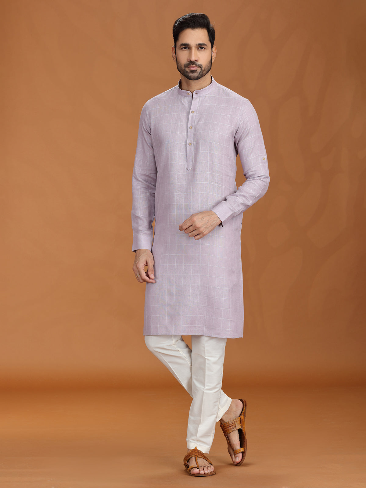 Lilac purple linen festive checked kurta set for mens