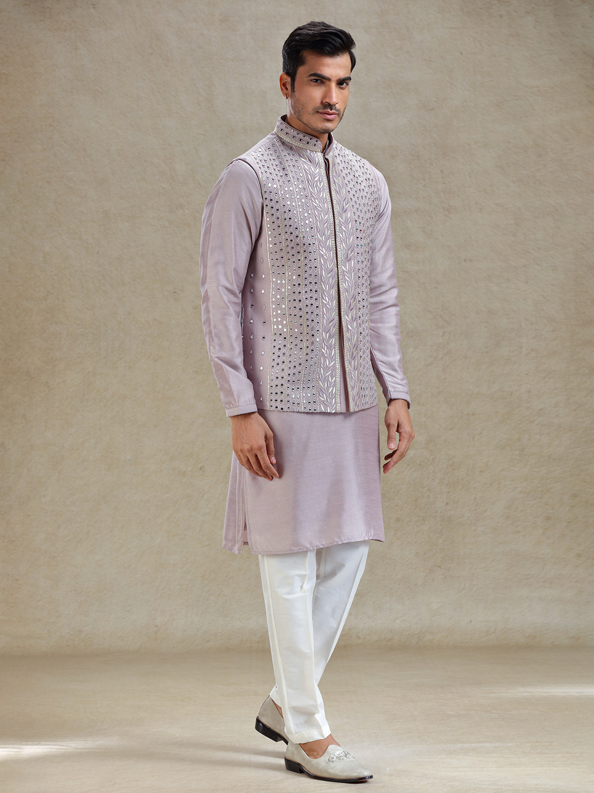 Lilac purple linen waistcoat set in mirror work