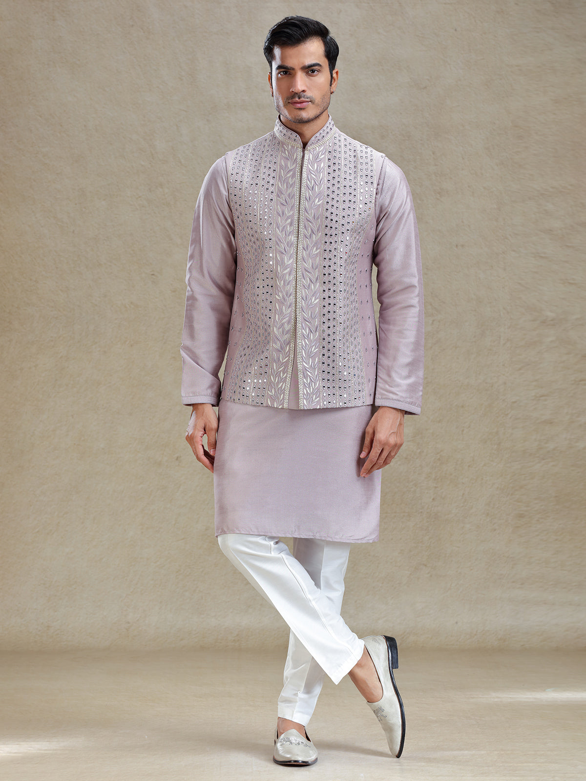 Lilac purple linen waistcoat set in mirror work