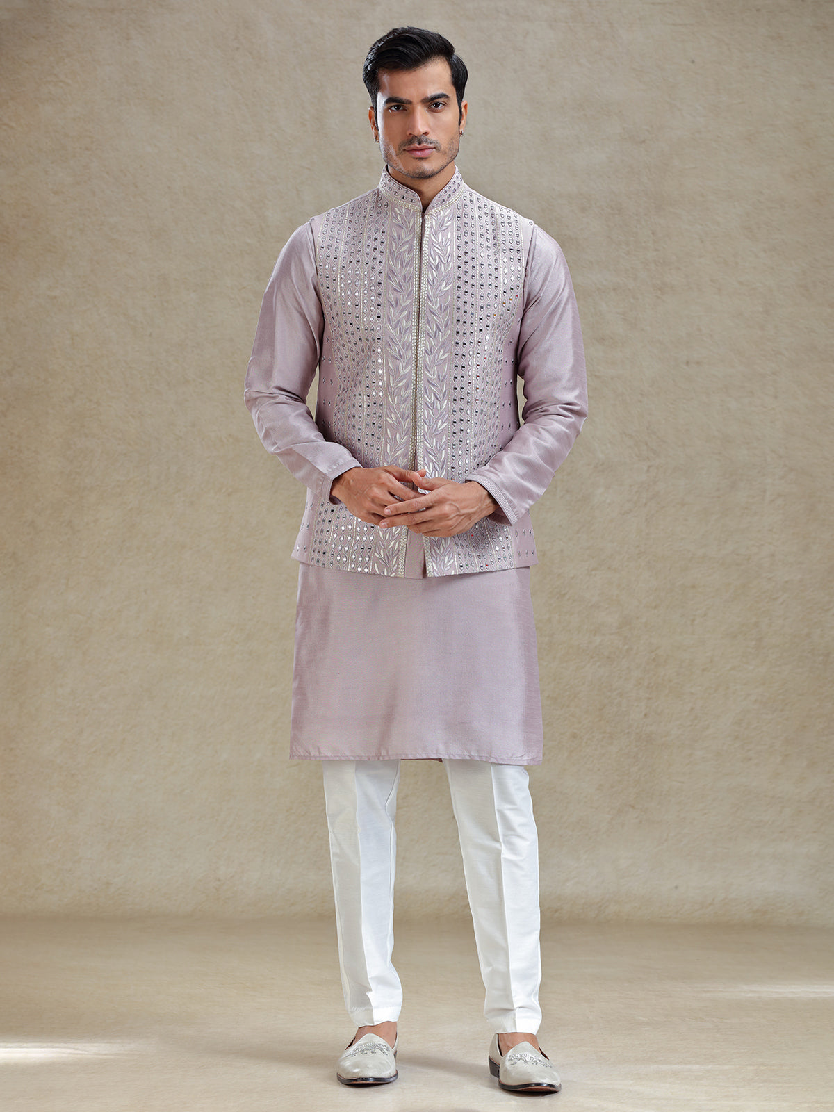Lilac purple linen waistcoat set in mirror work