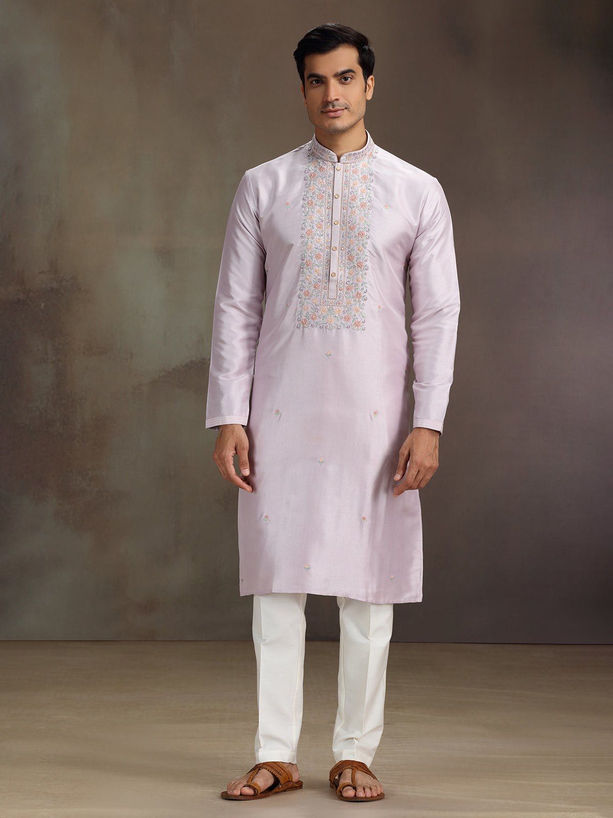 Lilac purple silk embroidered work kurta suit