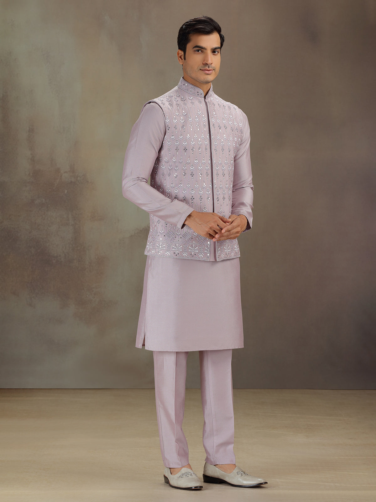 Lilac purple silk waistcoat set for wedding celebration