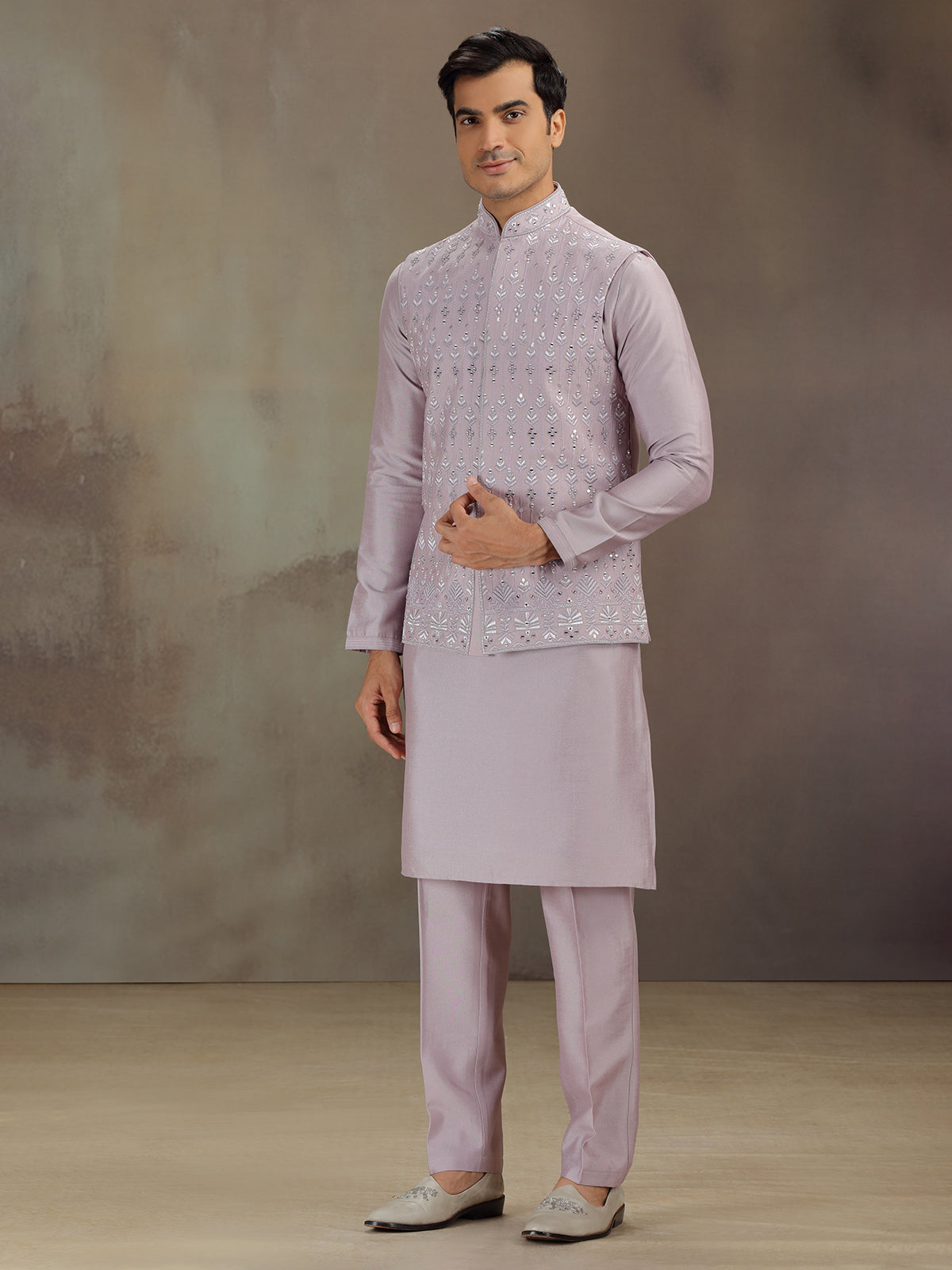 Lilac purple silk waistcoat set for wedding celebration