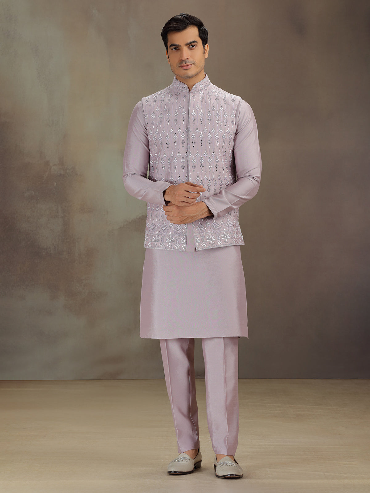 Lilac purple silk waistcoat set for wedding celebration