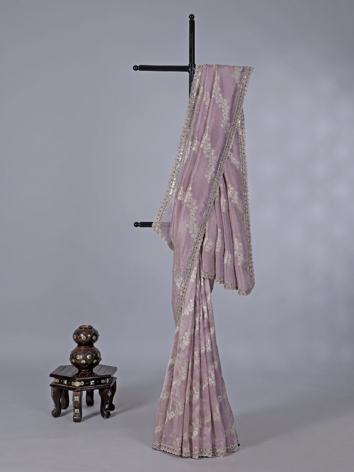 Lilac purple tissue dola silk saree with heavy embroidery