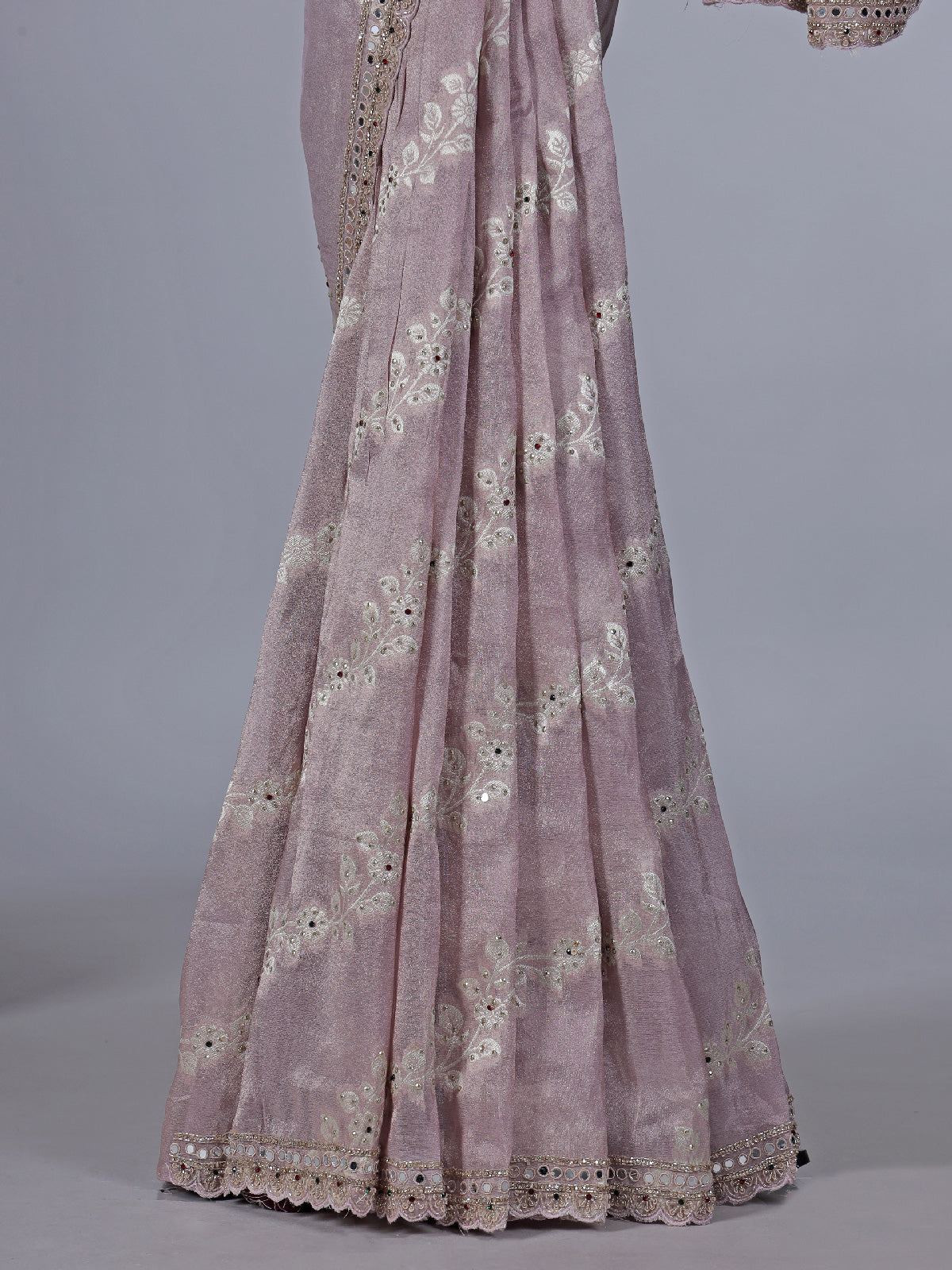 Lilac purple tissue dola silk saree with heavy embroidery