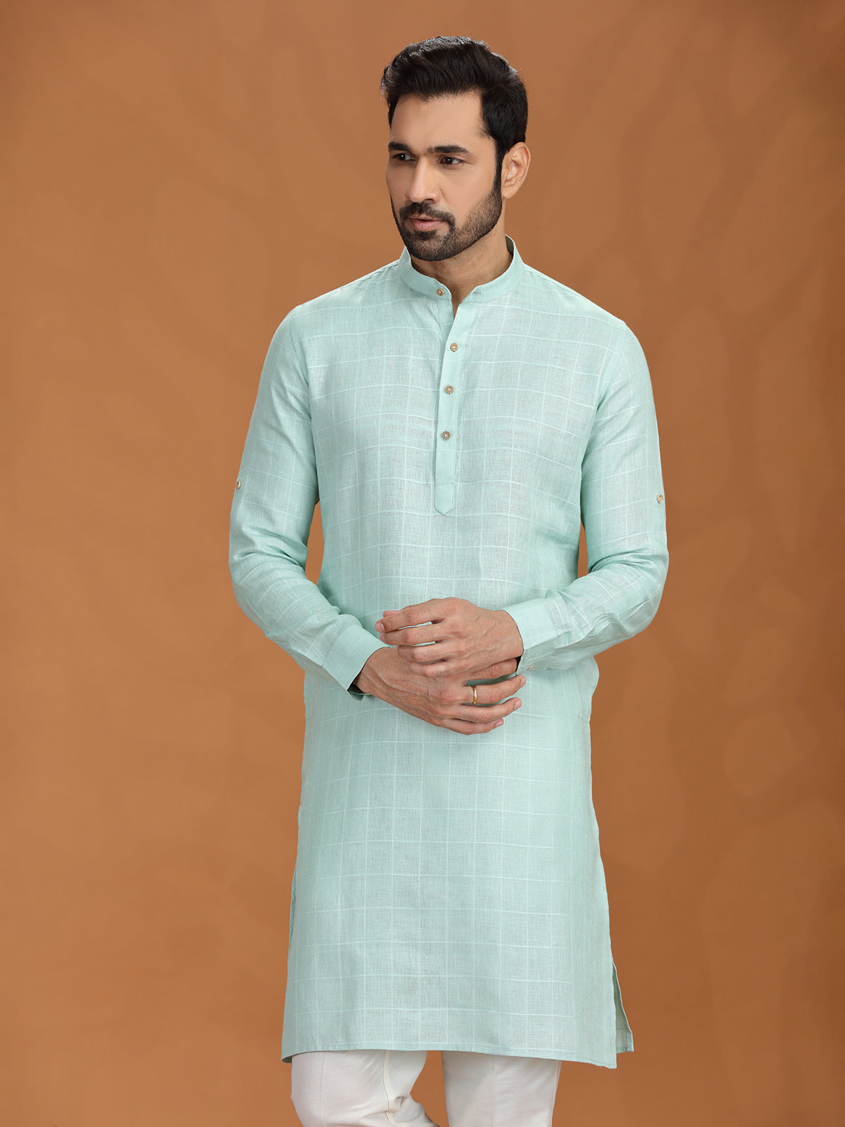 Lime green checked festive linen kurta mens