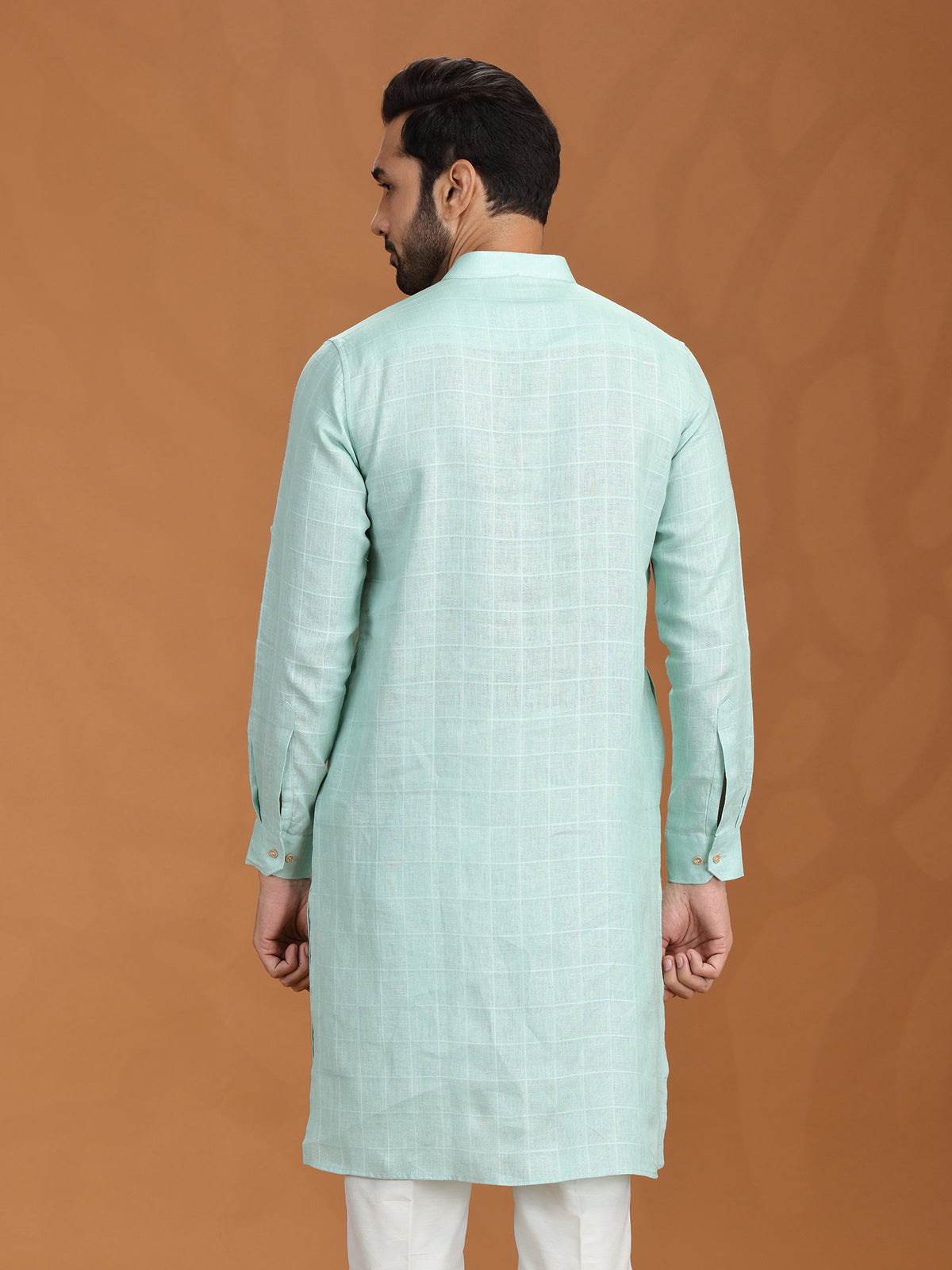 Lime green checked festive linen kurta mens