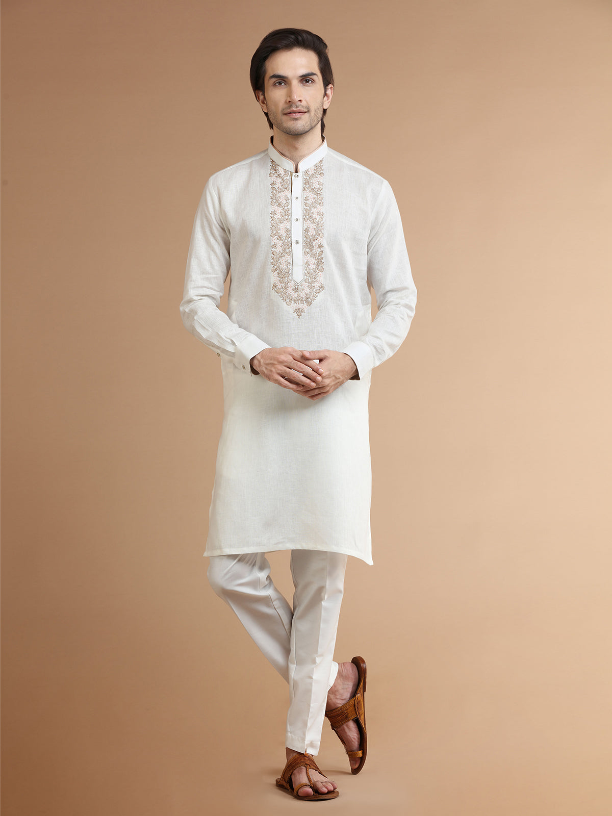 Linen cream festive kurta suit