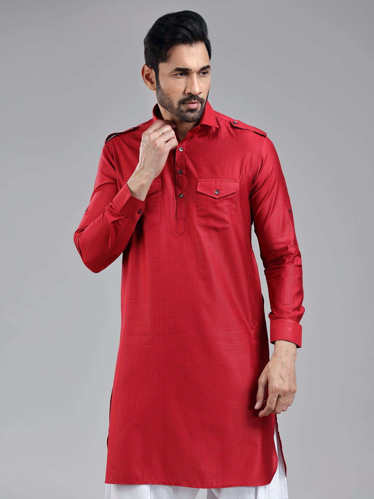 Luxurious presenting dark red mens pathani kurta