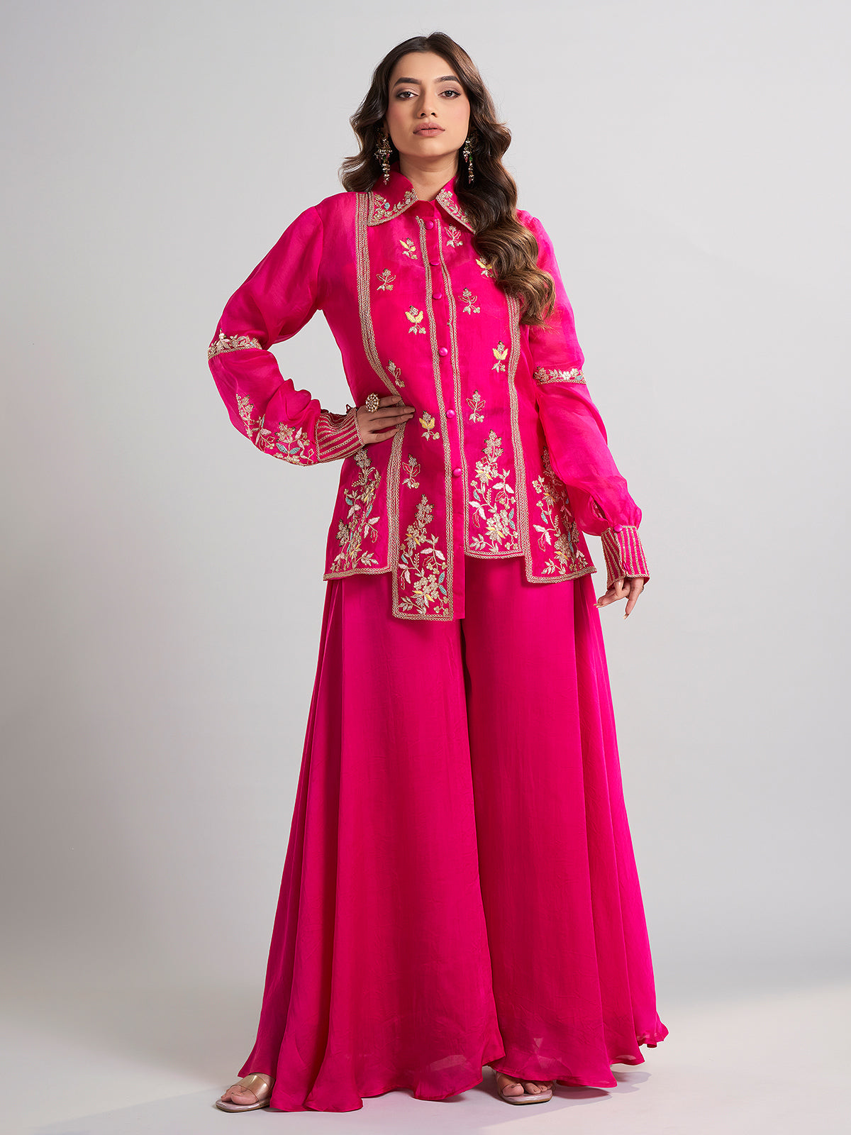 Magenta designer silk palazzo suit with collar neck
