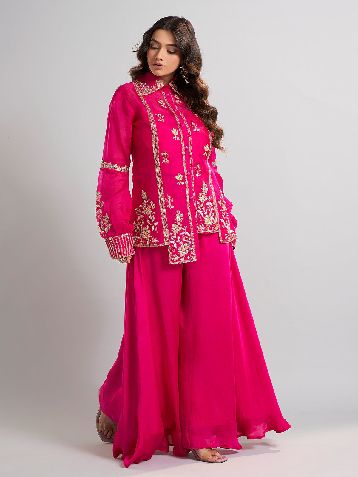 Magenta designer silk palazzo suit with collar neck