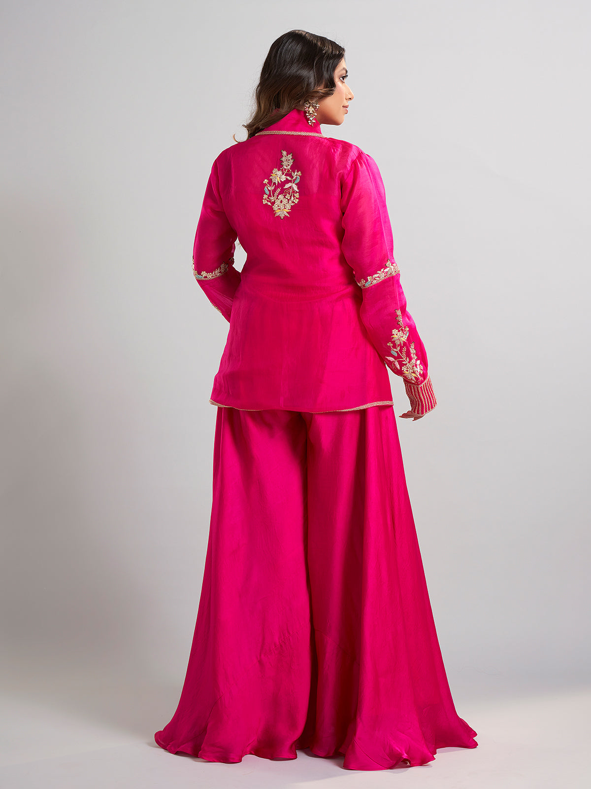 Magenta designer silk palazzo suit with collar neck