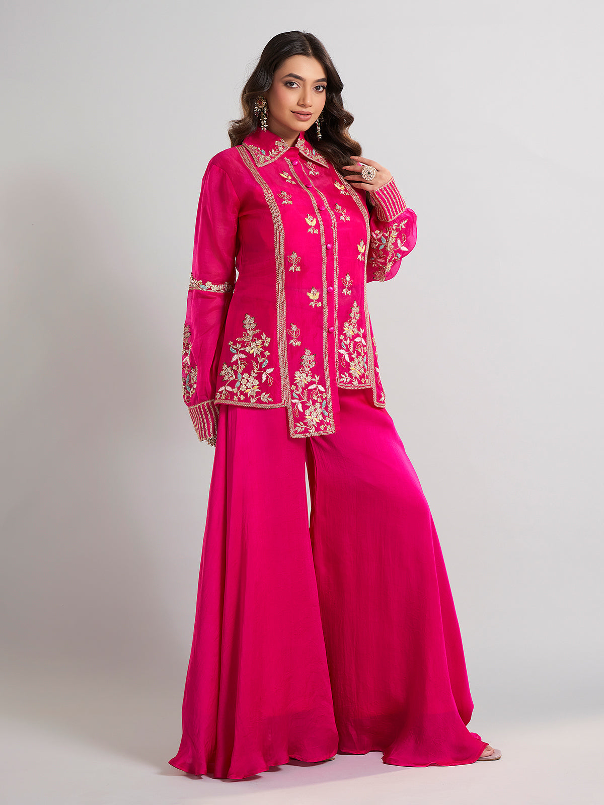 Magenta designer silk palazzo suit with collar neck