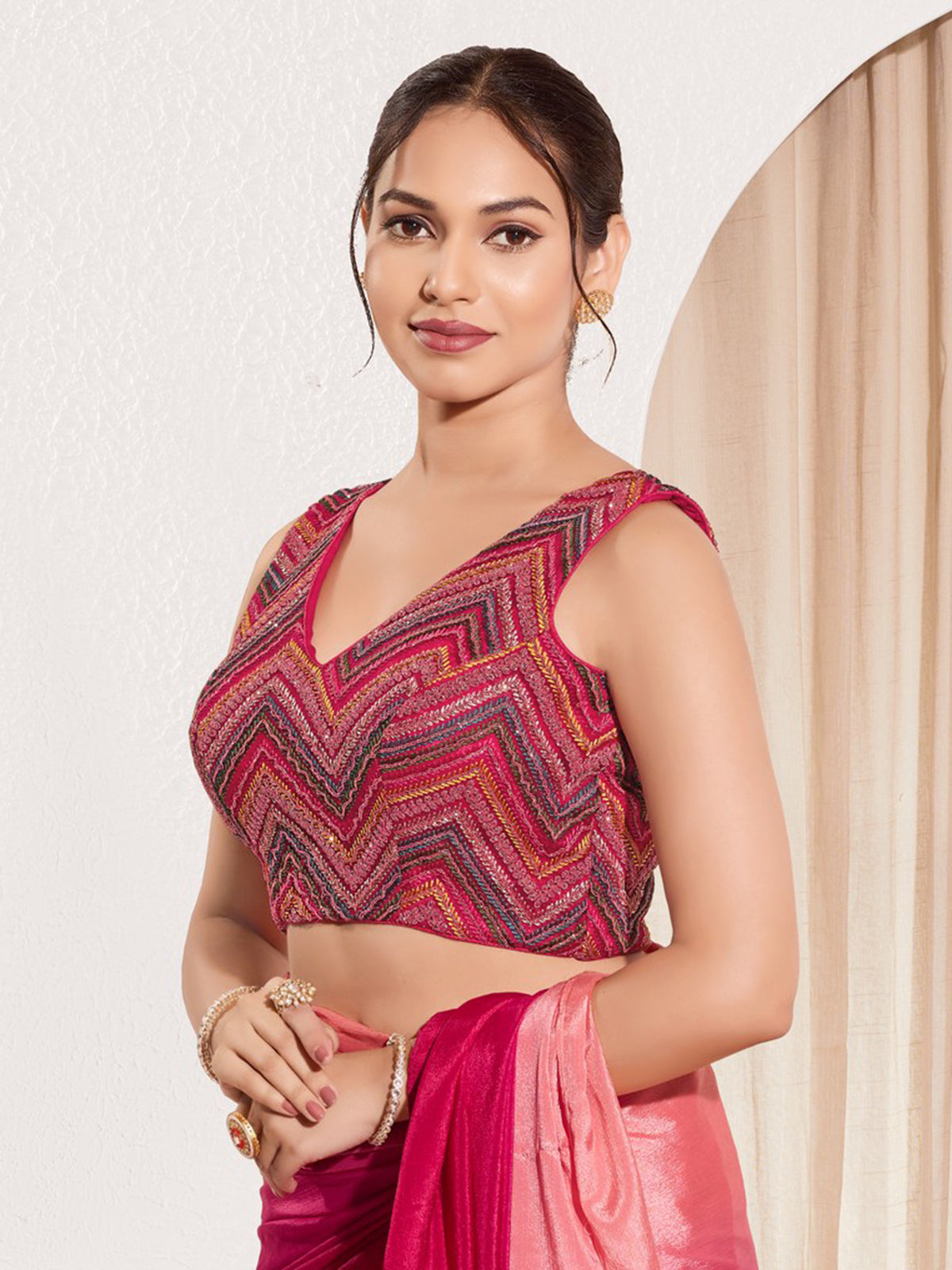 Magenta net ready made blouse with V neck