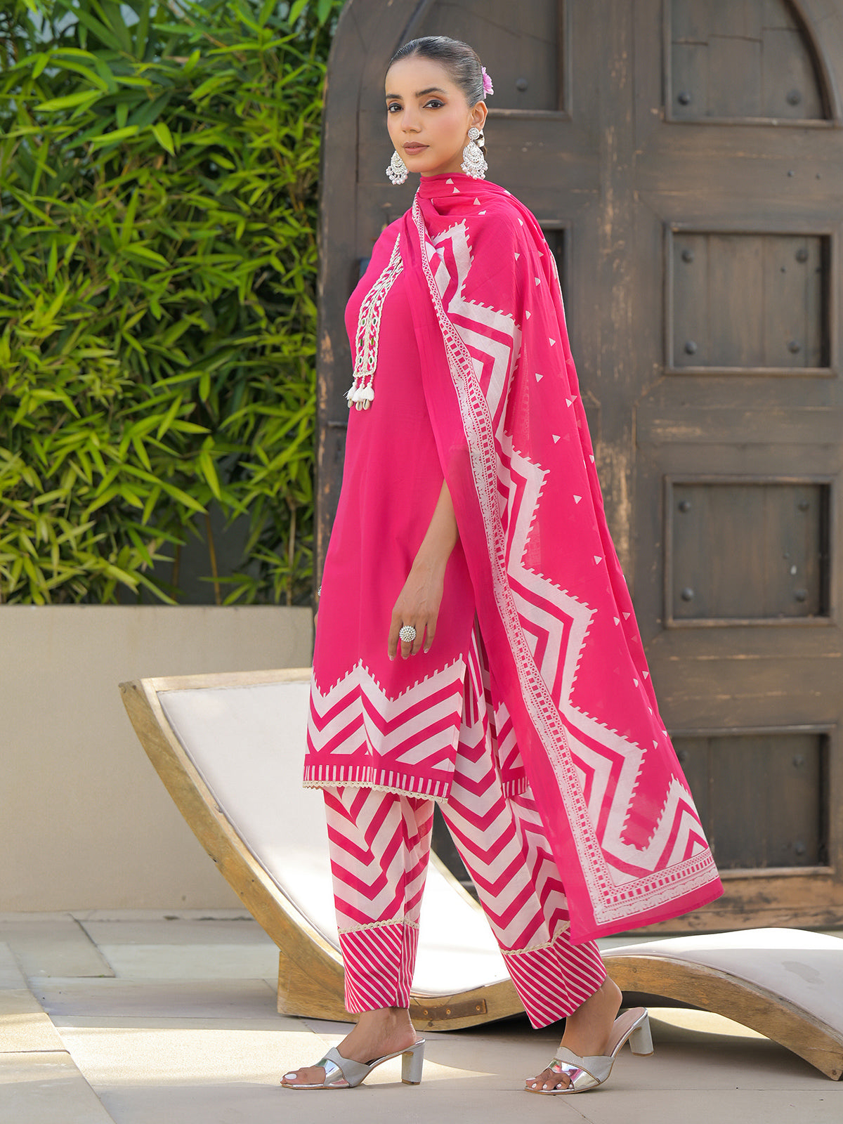 Magenta printed silk festive kurti set