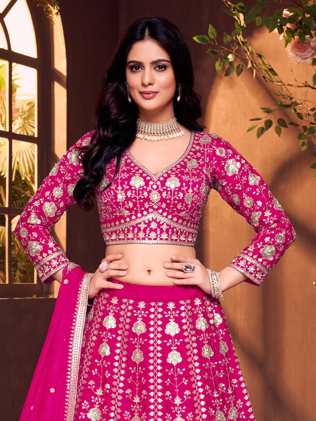 Magenta silk sweetheart quarter sleeve lehenga choli