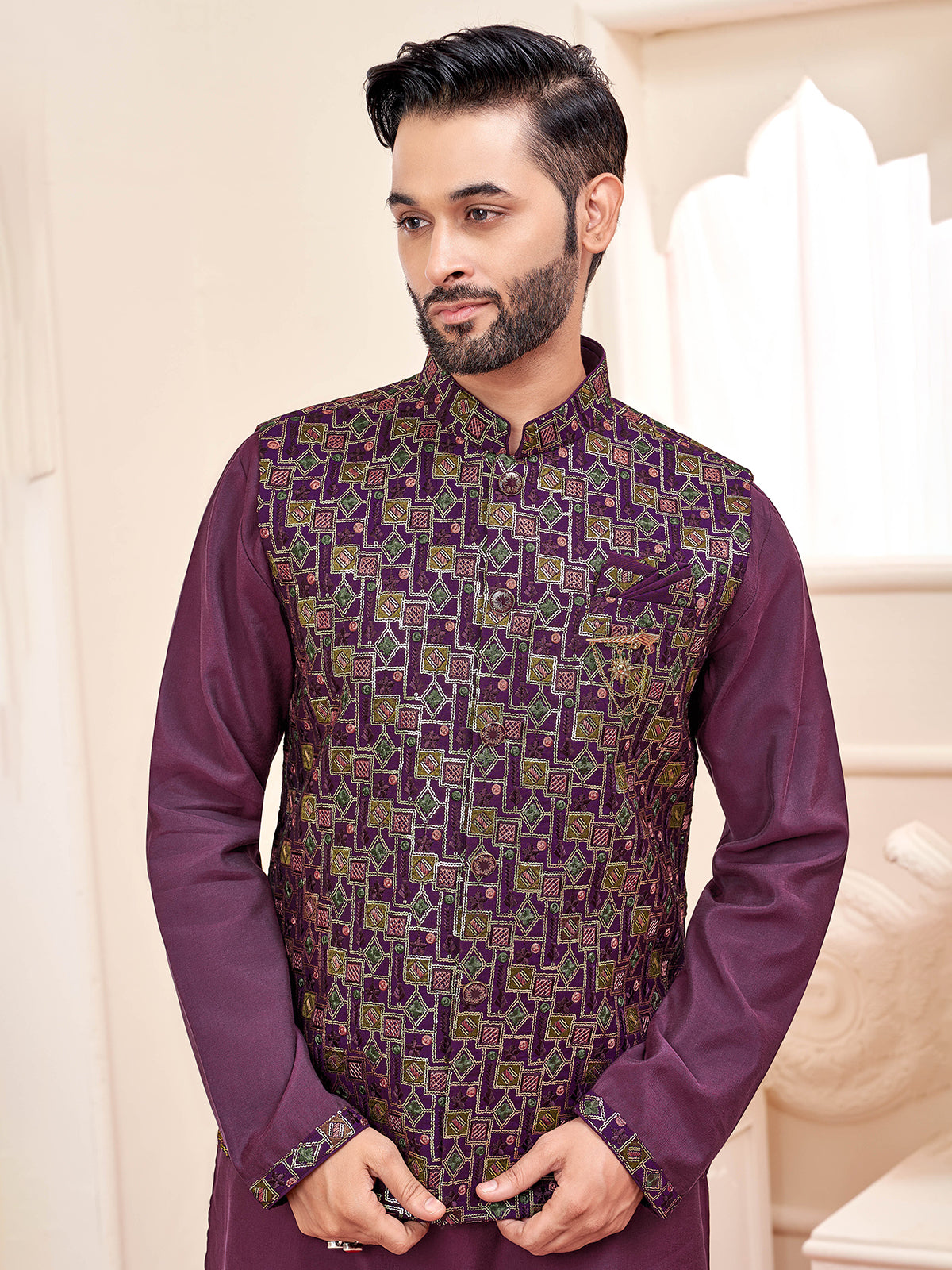 Magnificent dark purple waistcoat set for men