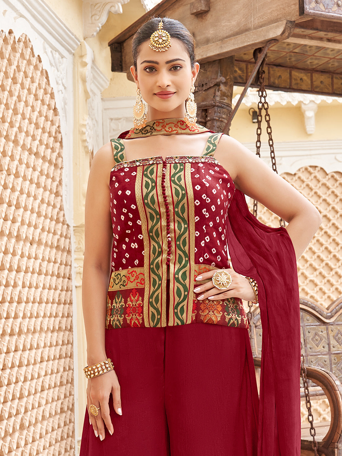 Maroon chiffon palazzo suit with thread detailing
