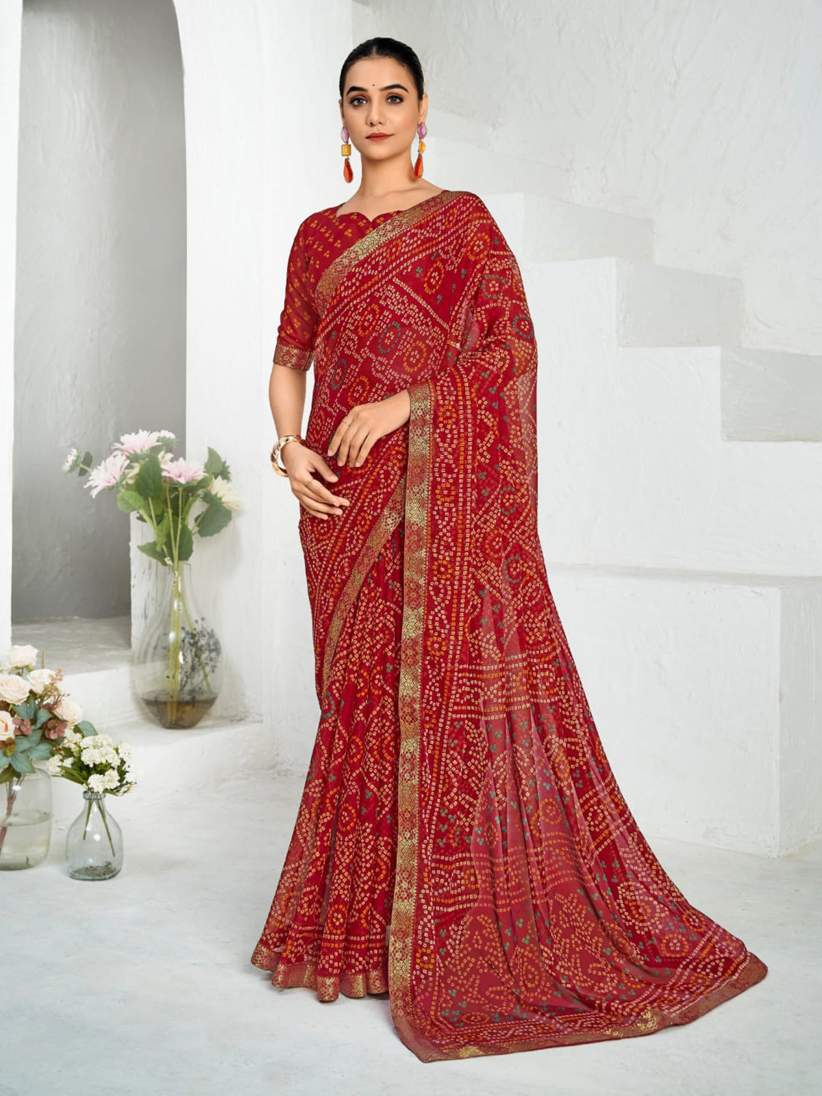 Maroon chiffon printed saree for festivals