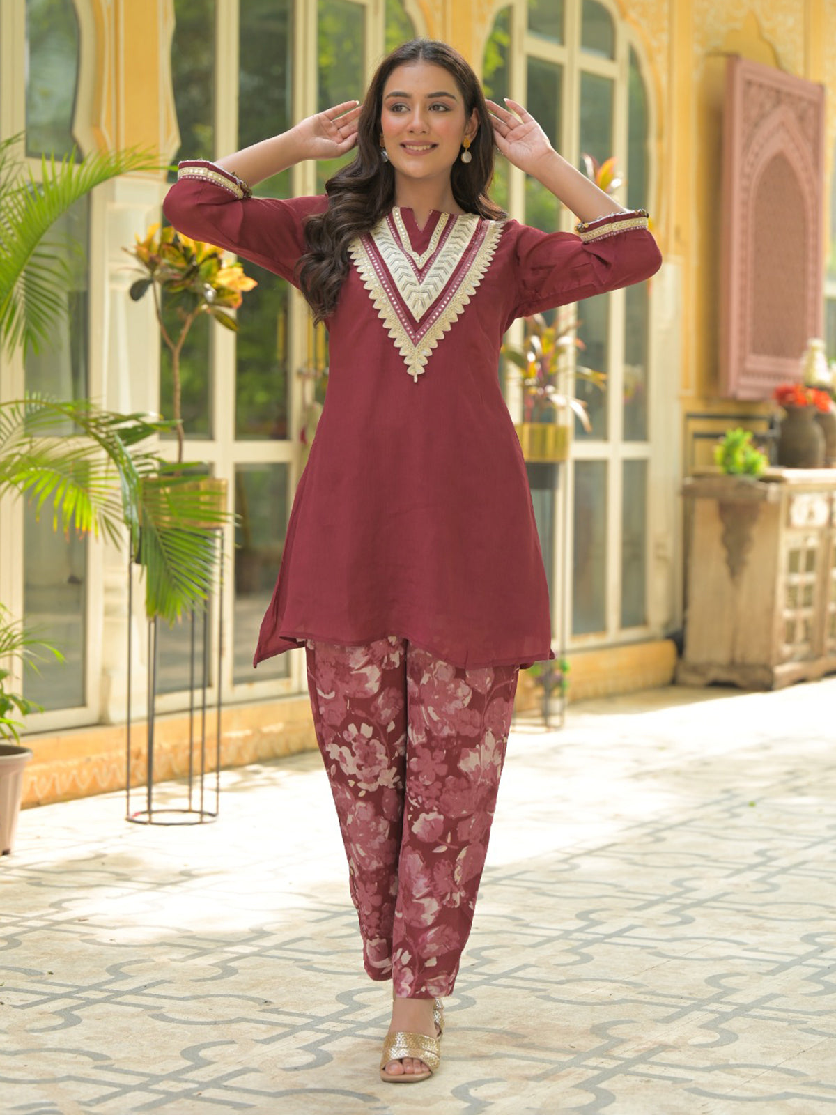 Maroon floral cotton silk festive kurti set