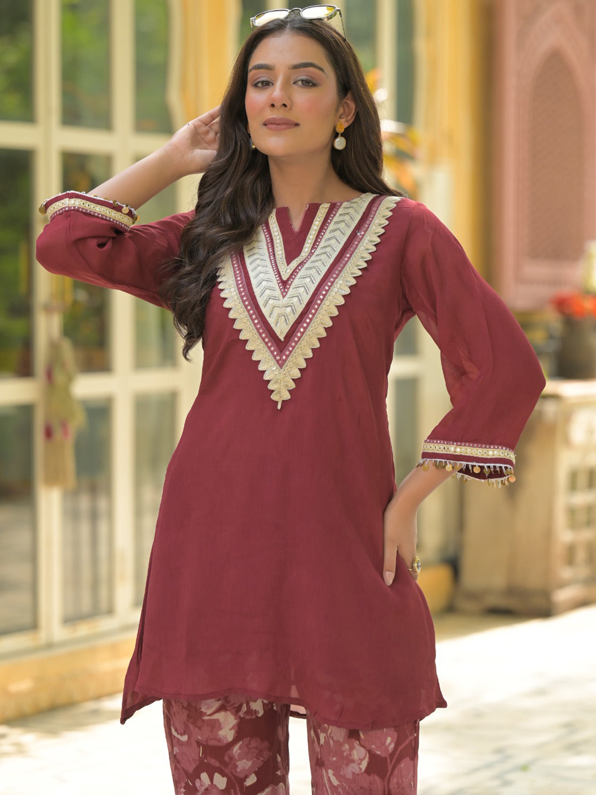 Maroon floral cotton silk festive kurti set