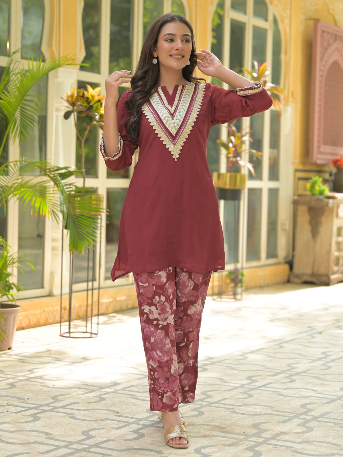 Maroon floral cotton silk festive kurti set