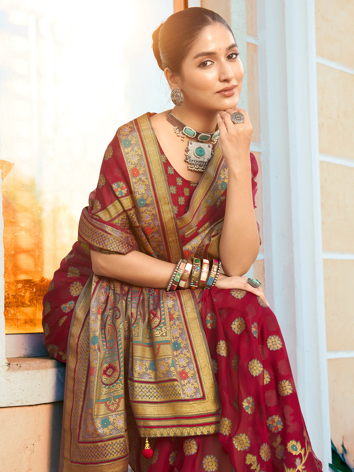 Maroon georgette saree for festival wear