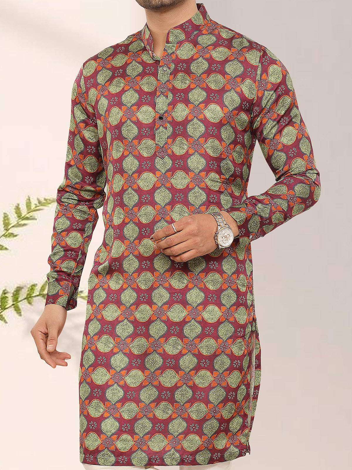 Maroon printed silk kurta for men
