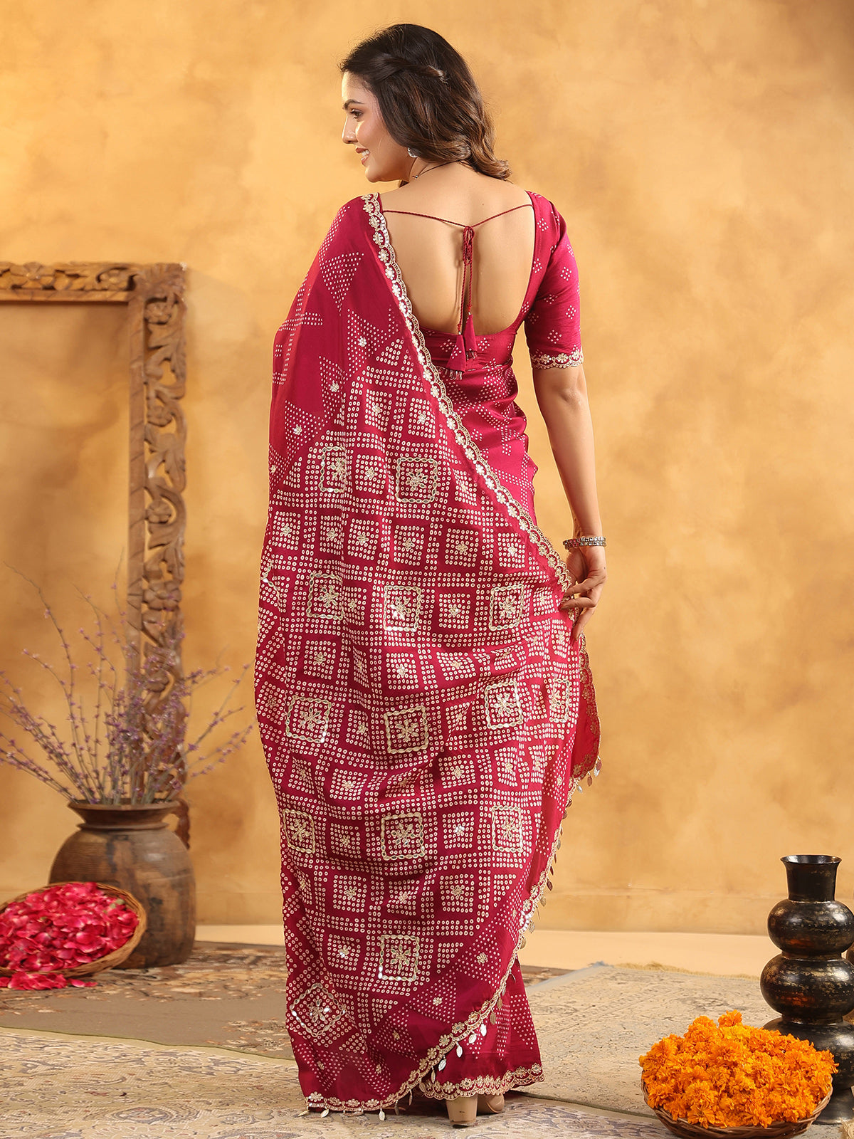 Maroon printed silk saree with aabla and gota accents