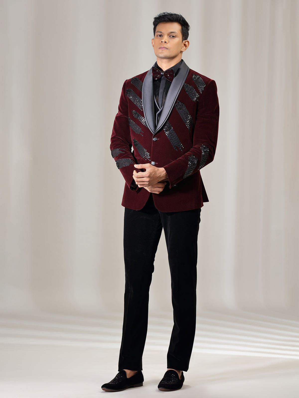 Maroon reception wear coat suit in velvet
