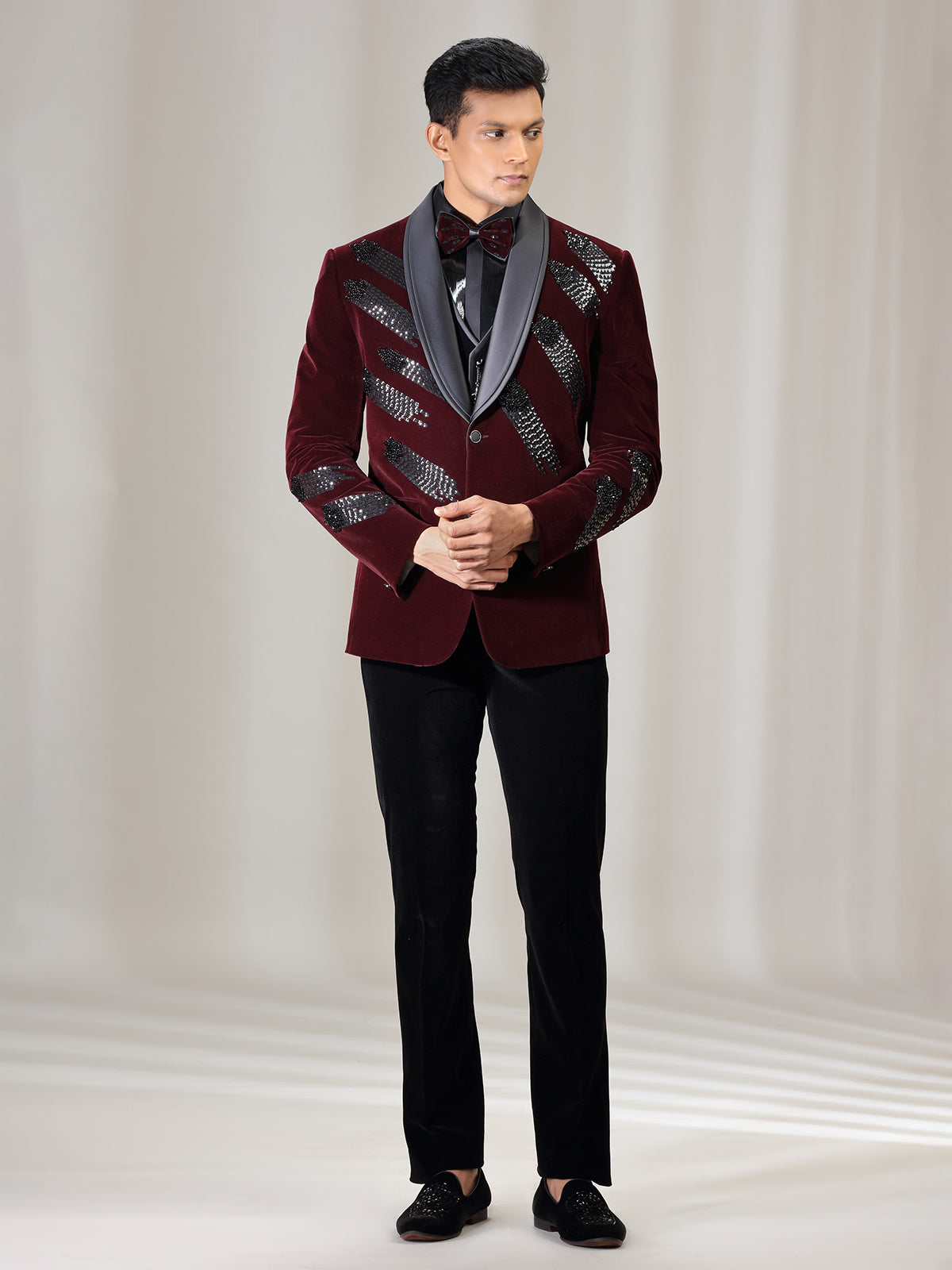 Maroon reception wear coat suit in velvet