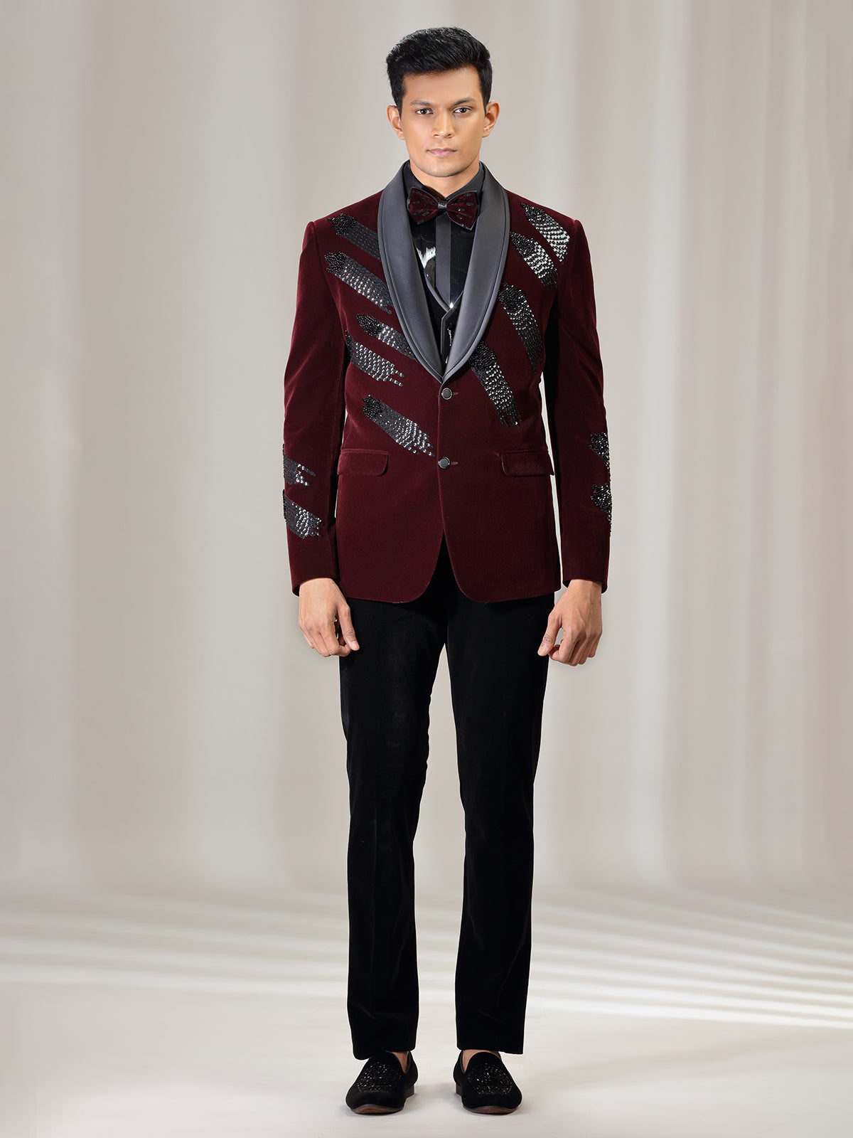 Maroon reception wear coat suit in velvet