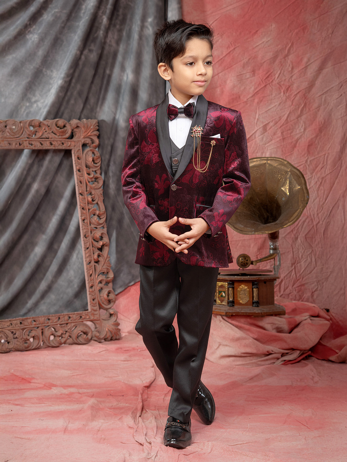 Maroon reception wear velvet coat suit for boys