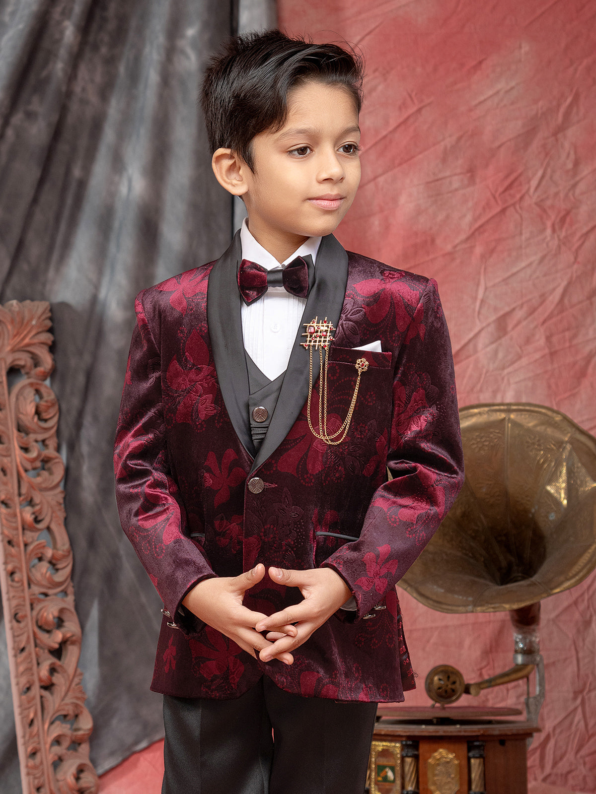 Maroon reception wear velvet coat suit for boys