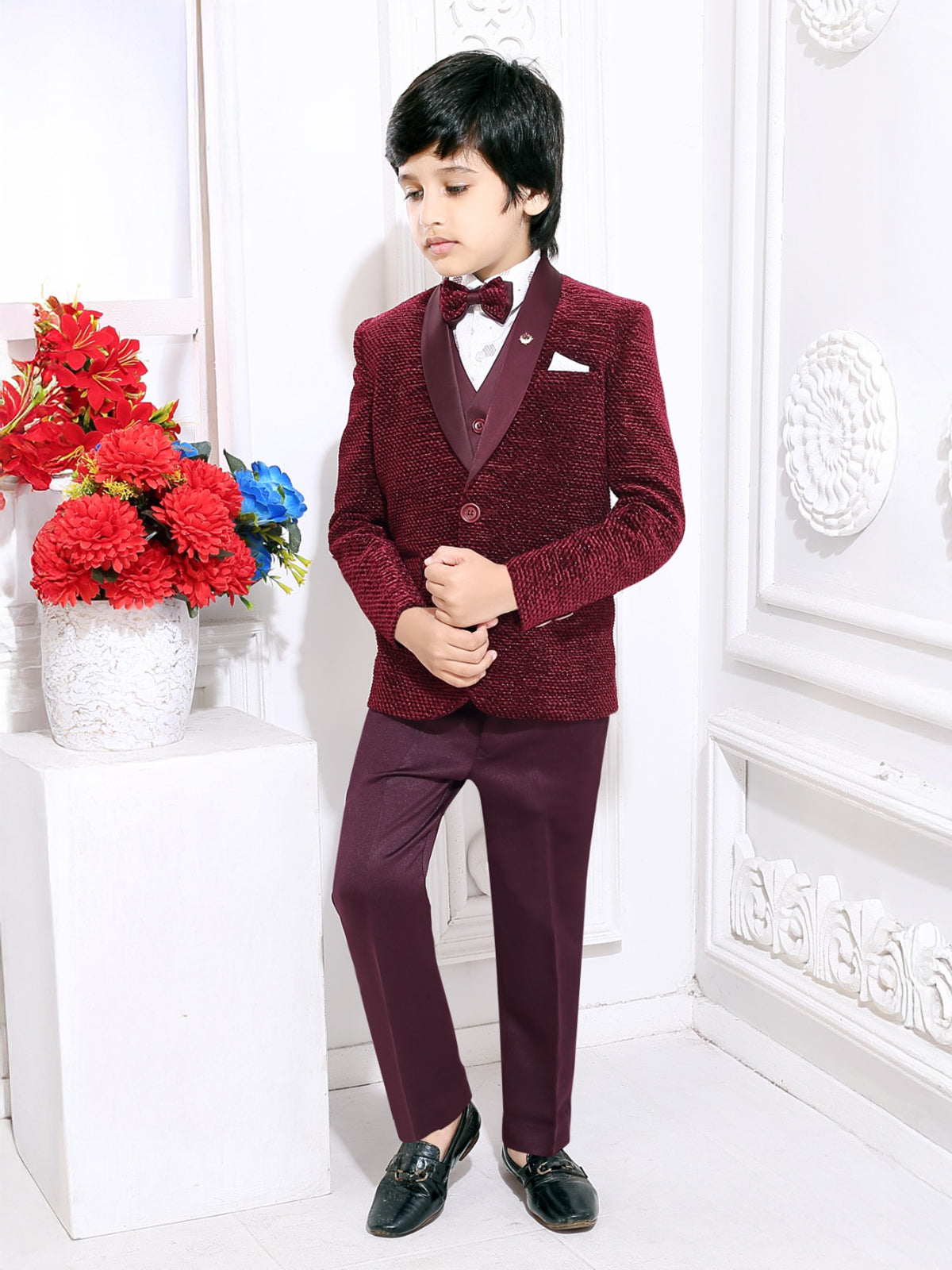 Maroon velvet reception wear coat suit for boys